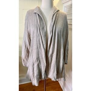 Eileen Fisher Gray/Tan‎ 3/4 Length Sleeve Open Front Linen Blend Jacket Sz Large